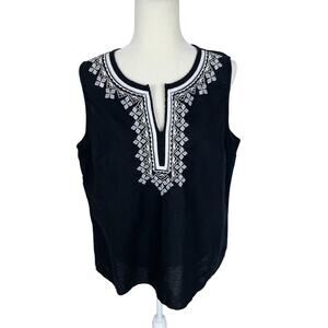 Talbots Linen Cotton Embroidered Tank Top Black Size 14P Boho Timeless Chic